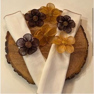 6 Artisan Woven Floral Napkin Rings Rattan Handcrafted Boho Neutral Cottagecore